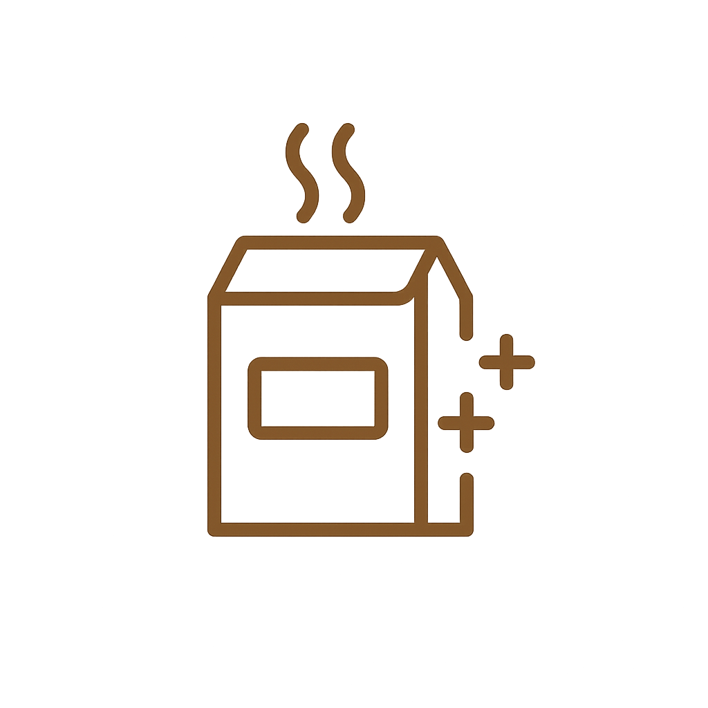 Hygienic packaging icon in cocoa brown with sealed pouch and sparkle signs for clean cashew packing